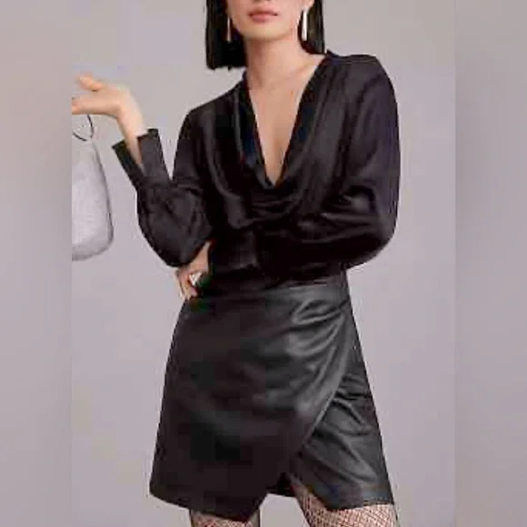 Maeve Anthropologie Black Satin and Vegan Leather Mini Dress. Cowl neck. Size 16 - Picture 2 of 16